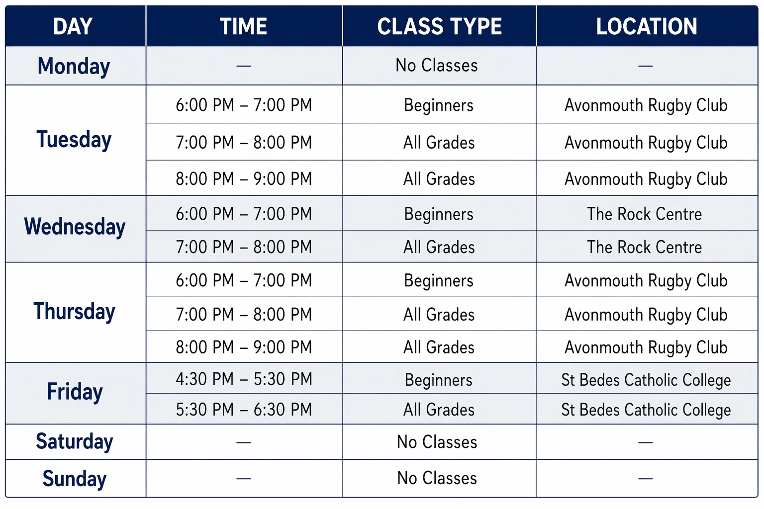 Kyoto - Karate Class Schedule Calendar